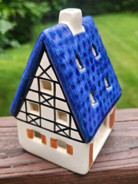 Ursula Leyk Lichthaus German Ceramic Tea Light House Blue Roof Signed 1997 5"